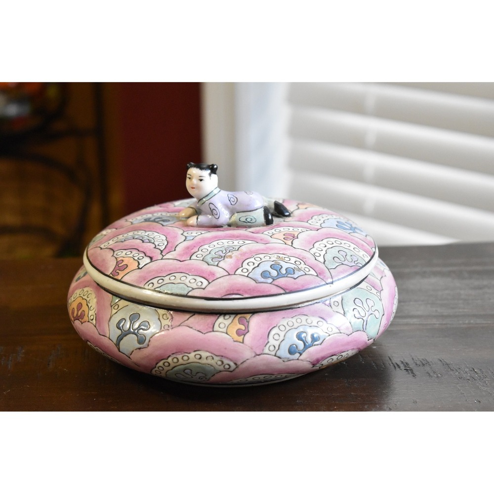 Porcelain Trinket Box Hand‎ Painted China Child Figurine Lid Pink Jewelry Box